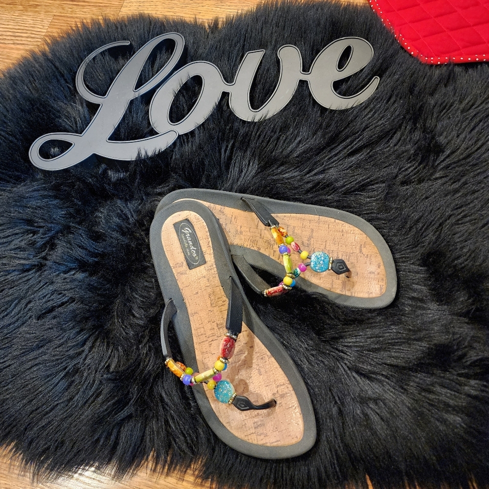 Black Thong Sandals With Colorful Beads/Marble Cork Women's Size 10